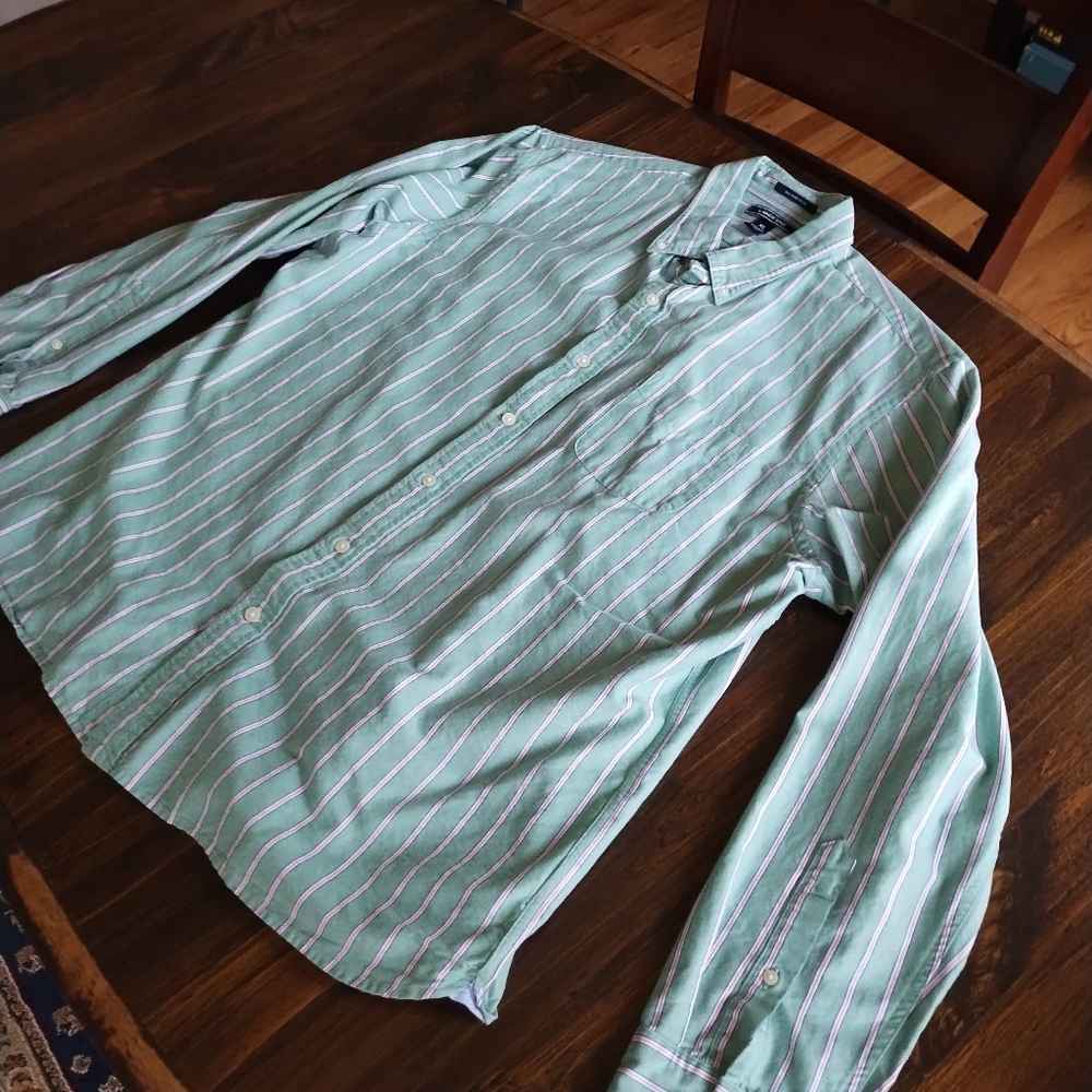 Land's End XL Sail Rigger Oxford Long Sleeve Shirt, Green w/ Pink Stripes